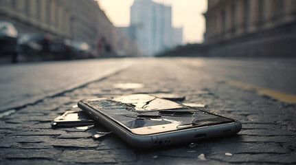Close up of smartphone with broken screen on a road in background of the city. Mobile phone concept of falling and broken.Genrative.ai 
