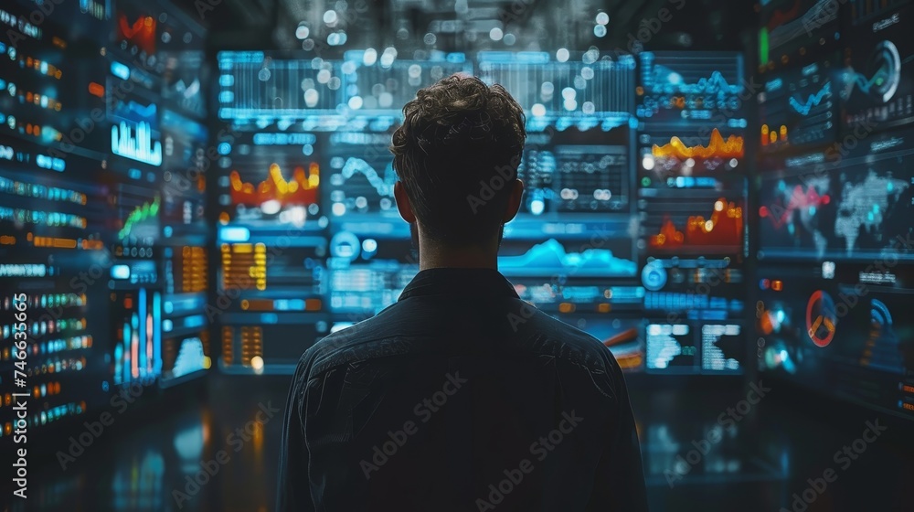 Fototapete Ai technology with a businessman working on a business intelligence database on a virtual screen. Corporate strategies for finance, operations, sales, marketing, assistants, secretaries, etc.