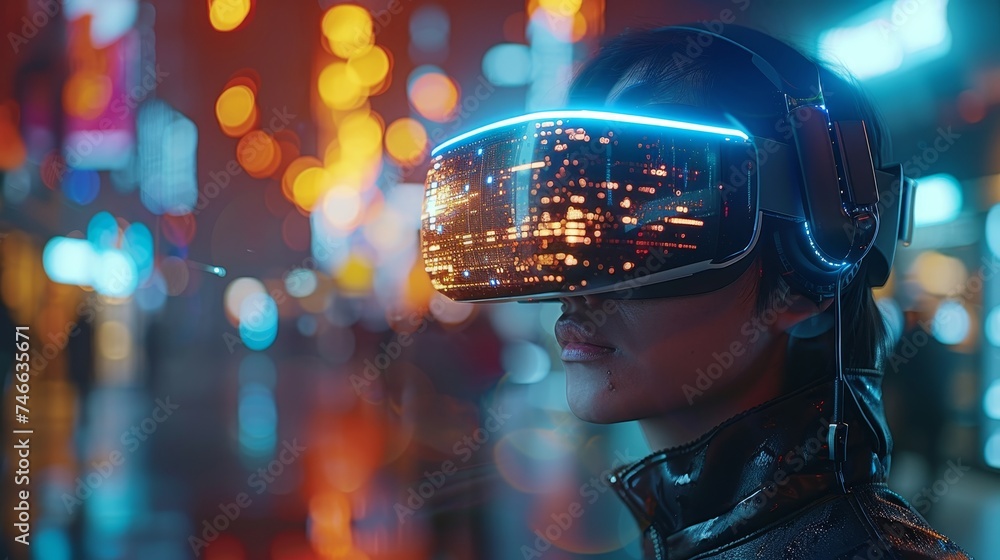 Poster an image of a man wearing vr glasses in a global internet metaverse explaining blockchains and the i