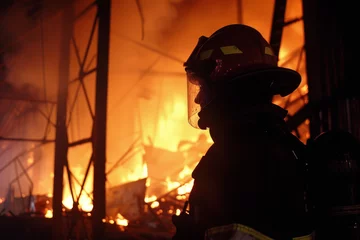 Fotobehang silhouette d'un pompier luttant contre un incendie d'un entrepôt la nuit  © Sébastien Jouve