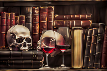 illustration of skulls and wine on a bookshelf filled with dusty old leather bound books - 746635628