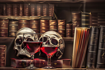 illustration of skulls and wine on a bookshelf filled with dusty old leather bound books - 746635633