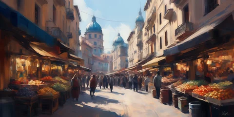 Deurstickers Impressionistic digital painting with loose brushstrokes, capturing the essence of a bustling marketplace. © Hans