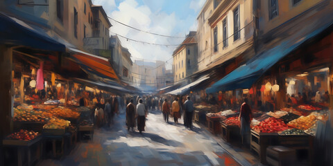 Impressionistic digital painting with loose brushstrokes, capturing the essence of a bustling marketplace. - obrazy, fototapety, plakaty