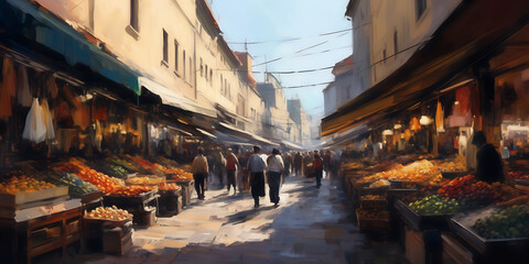 Impressionistic digital painting with loose brushstrokes, capturing the essence of a bustling...