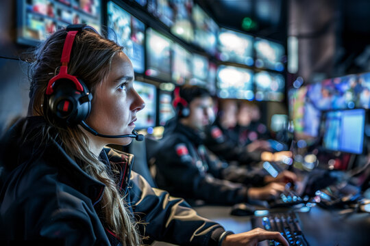 op&eacute;rateurs f&eacute;minins avec micro-casque concentr&eacute;e dans un centre de contr&ocirc;le de t&eacute;l&eacute;surveillance avec de nombreux &eacute;crans