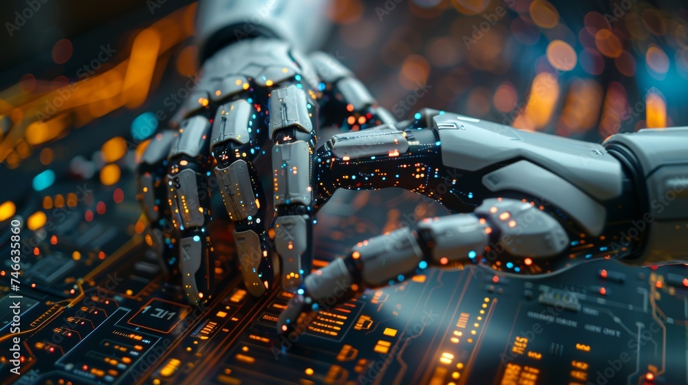Poster The use of artificial intelligence in everyday life. Business, modern technology, internet and networking concepts. The use of AI in everyday life. The interface between AI, technology and people. It