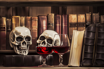 illustration of skulls and wine on a bookshelf filled with dusty old leather bound books - 746635814