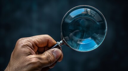 A man uses a magnifying glass while searching for best option, sale deal, data search, searching for information, Human Resource Management HRM concept on a black studio background.