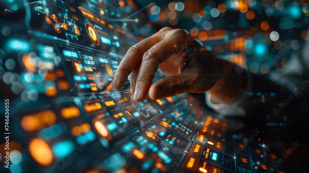 Poster Scientists analyze large amounts of data on a virtual screen while using machine learning to make predictions about business, finance, and internet of things.