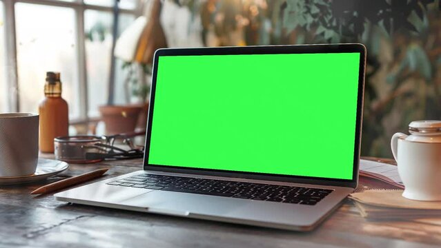 Zoom in animation of Laptop with blank green screen with trees moving. Home interior background