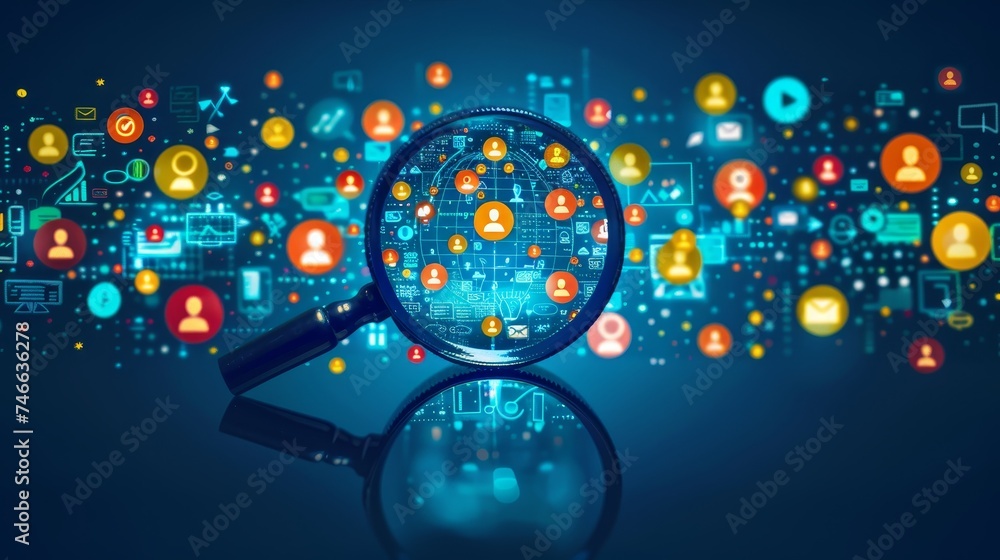 Aufkleber man uses magnifying glass to find an icon of a human for customer relationship management (crm) and 