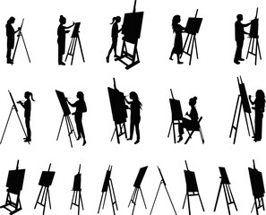 Fototapety  silhouette of people artists, people painting at an easel, set, collection on a white background vector