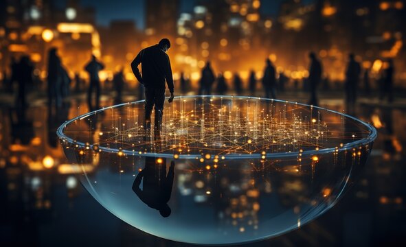 a hand holding magnifying glass over human figures, social network analysis, scanner photography, nul, group material, silhouette figures, human-canvas integration, rounded