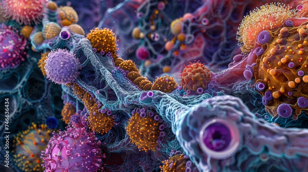 Poster artistic interpretation of a cellular microenvironment with diverse and vibrant cell types in detail