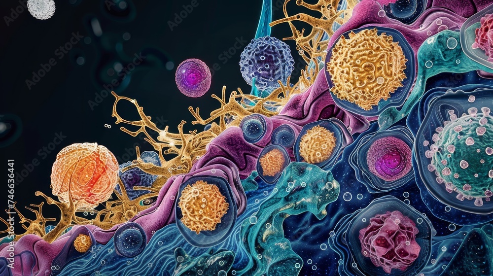 Poster digital art visualization of various pathogens and cellular components within the human body environ