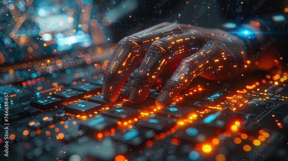 Poster Artificial Intelligence, Technology with smart robots, using command prompts for computing, Futuristic technology transformation.