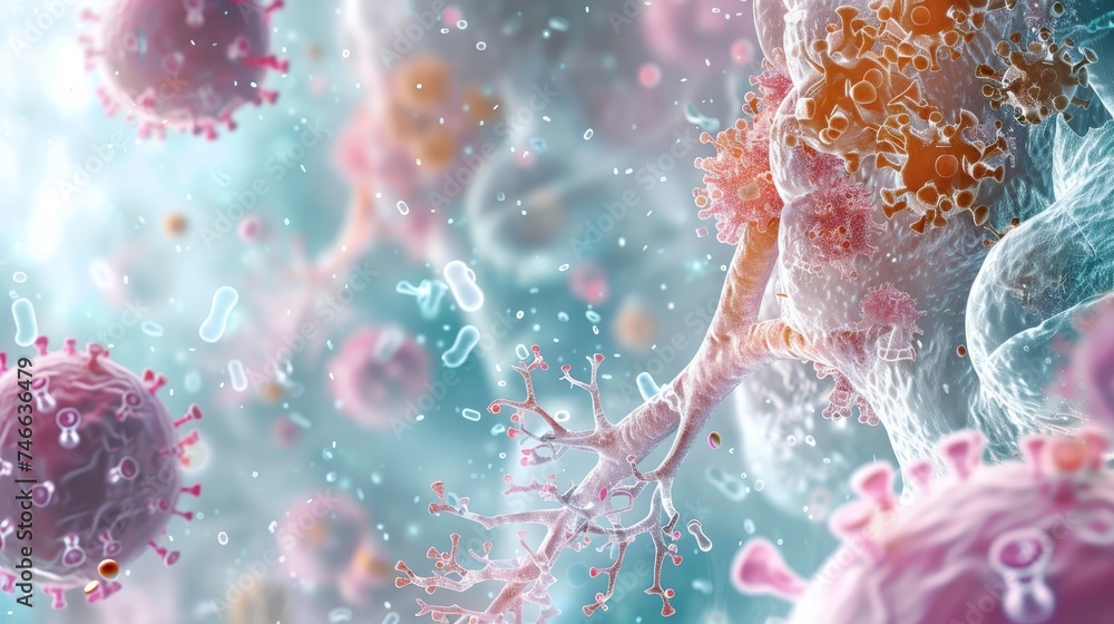 Poster microscopic view depicting the interaction of pathogens with neural structures, highlighting neuron 