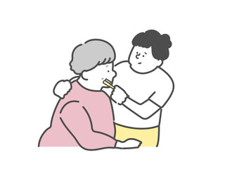 高齢女性の口腔ケアをする女性介護士　歯磨きイラスト