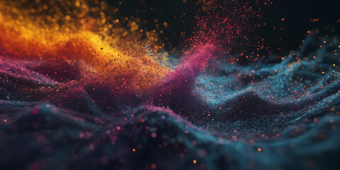 Dynamic particle simulation with fluid motion and vibrant colors. - obrazy, fototapety, plakaty