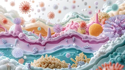 Artistic of intestinal flora with various beneficial and pathogenic microorganisms in a dynamic environment. - obrazy, fototapety, plakaty