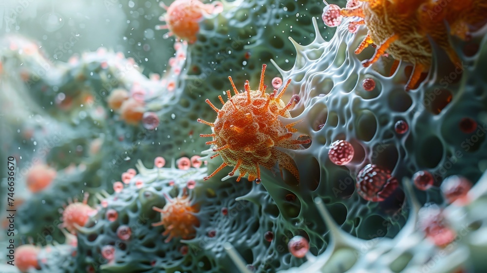 Poster microscopic digital of virus particles interacting with cellular structures, encapsulating the beaut