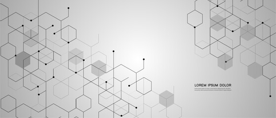 abstract gray background with connected hexagons and dots, for medicine, technology or science design