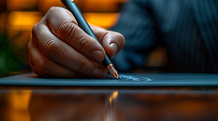 A man signs an electronic document on a digital document using a stylus pen by means of an e-document management system. - obrazy, fototapety, plakaty