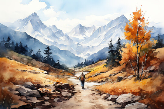 middle age hiker looking into the distance in mountains, watercolor painting, copy space, blue pastel color