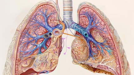 A cross-sectional illustration of human lungs, meticulously detailing the bronchi, alveoli, and pulmonary blood vessels.