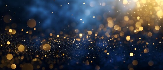 Fototapeta na wymiar Glamorous Dark Blue and Gold Particle Background, Sparkling Christmas Bokeh Lights on Navy Blue with Gold Foil Texture. Luxurious Holiday Concept for Design and Decoration