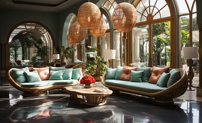 Fototapeta premium a hotel lobby with sitting areas and wicker chairs, in the style of hyper-realistic water, light red and teal, vacation dadcore, natural materials, luxurious