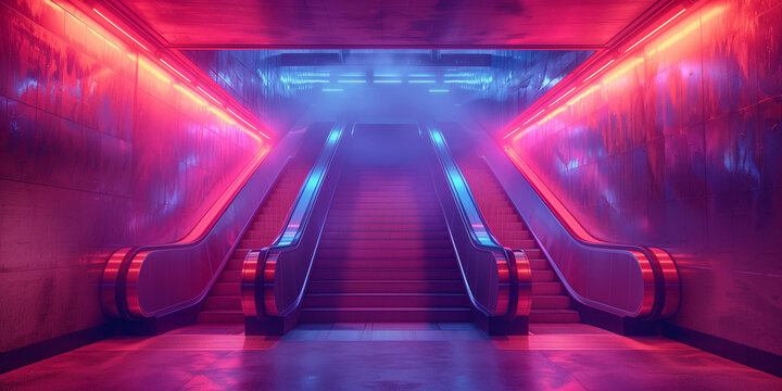 Rolltreppen im futuristischen Neon pink und blauen Lichtern, ai generativ