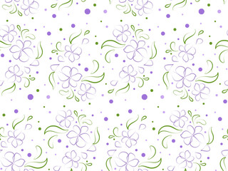 Obraz na płótnie Canvas Seamless floral pattern of purple flowers and green leaves with lines. Vector endless background in flat minimalistic style for the design of banners, cards, posts, social networks, holidays, , textil