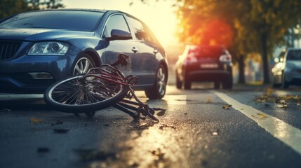 Traffic accident. Bicycle on the road after a car hit a cyclist. Neural network AI generated art