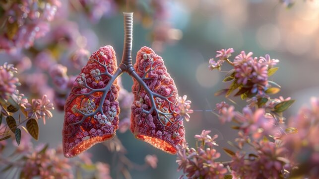 Stylized human lungs interwoven with blooming flowers, symbolizing life and breath in a digital artwork.