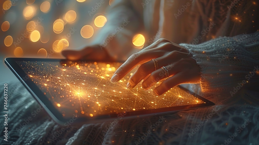 Aufkleber A businessman uses a tablet with a global structure customer network technology, Data exchanges develop. Customer service is improved through social media. Digital marketing online is a strategy