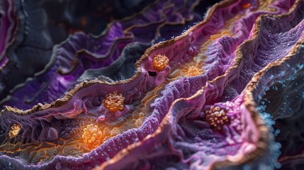 Close-up of sculptural abstract formations with rich textures and a gradient of purple to orange colors.