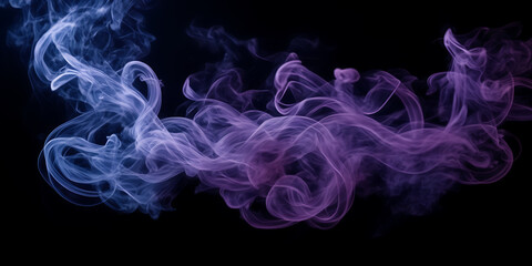 Photograph of intertwining tendrils of smoke in shades of sapphire and amethyst against a midnight sky.