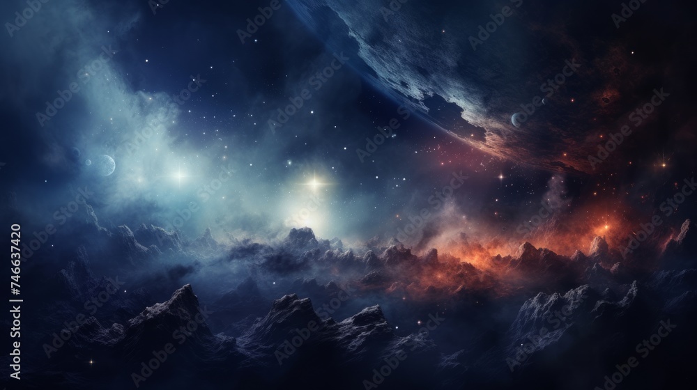 Poster space background with realistic nebula and shining stars. neural network ai generated art