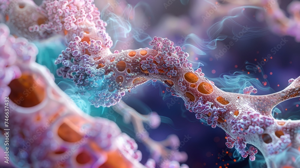 Poster close-up illustration of neuron synapses and neural connections with vivid colors in a neural networ
