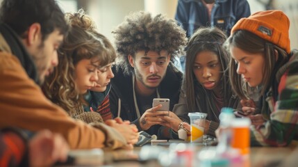 Students watching smart phones during university break - Addiction to new technology trends - Alienation moment for new generation - Focus on center hands - obrazy, fototapety, plakaty