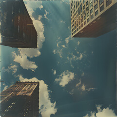 Looking up at the cloudy sky between two tall buildings in a city.