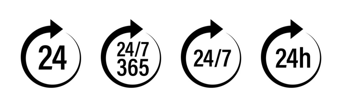 24 7 clock icon set on isolated white background