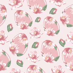seamless pattern of easter eggs painted with floral motifs, namely open buds of pink magnolias on a pink background, for drawing, for posters or banners