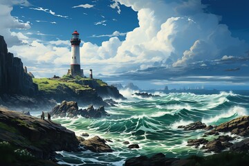 a huge rock in the encircling ocean, where a lighthouse is on top, in the style of rural, western dynasty, travel, nature's wonder - obrazy, fototapety, plakaty