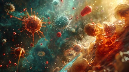 This detailed representation shows a vivid scene of viral invasion and the body's antibody response in a colorful and dramatic depiction. - obrazy, fototapety, plakaty