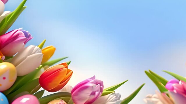 Colorful spring tulips and painted Easter eggs. Easter background with colorful eggs and yellow,orange tulips with copy space video Happy Holiday design beauty