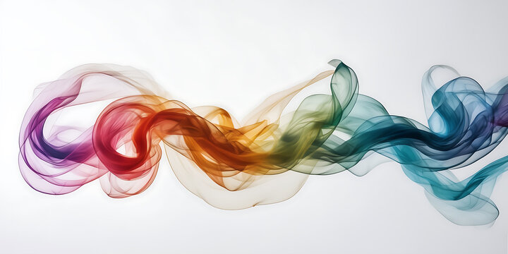 Photograph of vibrant, swirling ribbons of multicolored smoke against a stark white backdrop.