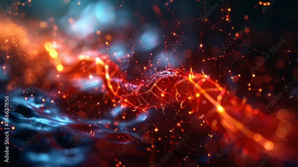 Poster this image offers a stunning visualization of synaptic transmission within a neural network, highlig